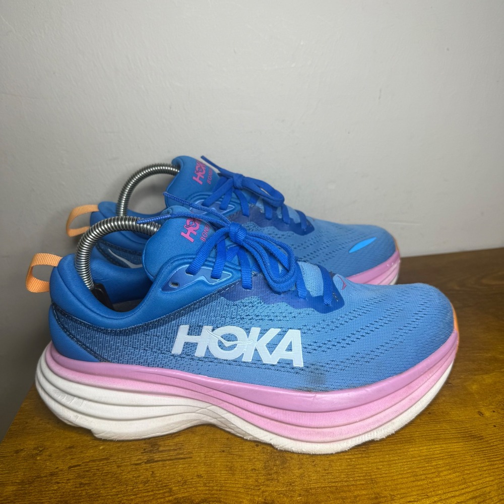 Hoka Bondi 8 Running Shoes Womens Size 8.5 D Wide Blue Pink 1127954 CSAA
